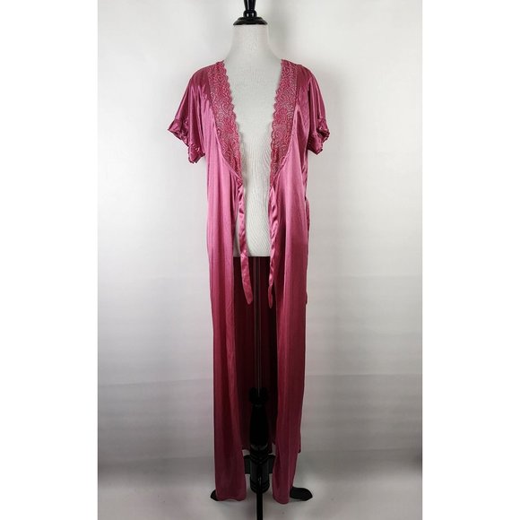 Vintage Soft Touch Night Wear Silky Satin Lace Robe Short Flutter Sleeve Belt - Picture 6 of 9